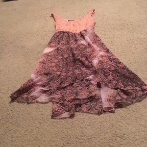 Multi colored high low dress. Brown belt